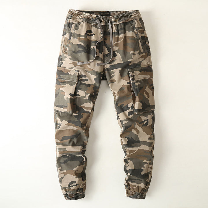Men's Slim-Fit Cargo Pants in Camouflage Pattern with Elastic Drawstring Waistband and Reinforced Knees Mune Fashion