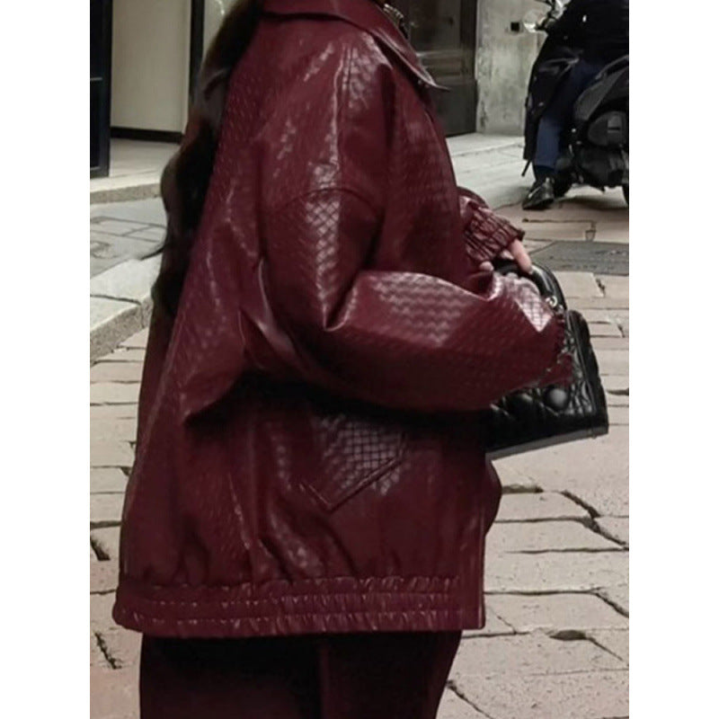 Women's Braided Faux Leather Bomber Jacket in Boxy Cut with Zipper Mune Fashion