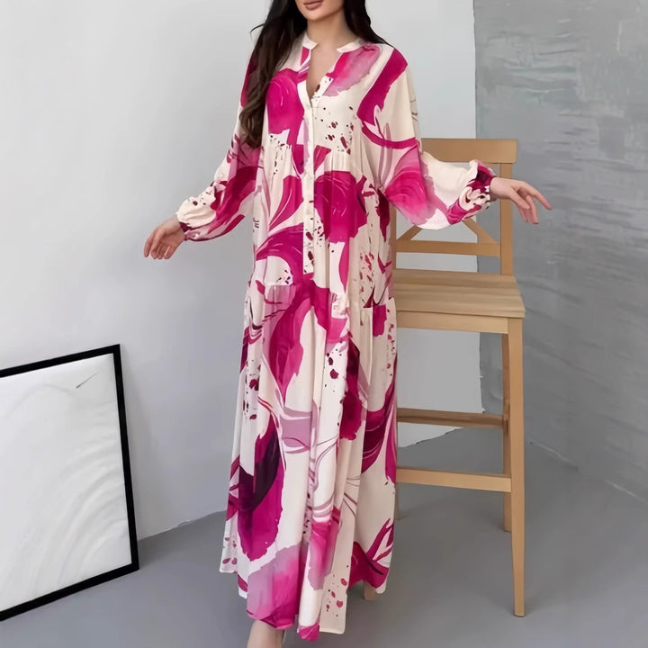 Women's Flowing Tiered Dress with Stand Collar, Balloon Sleeves and Button Placket Mune Fashion