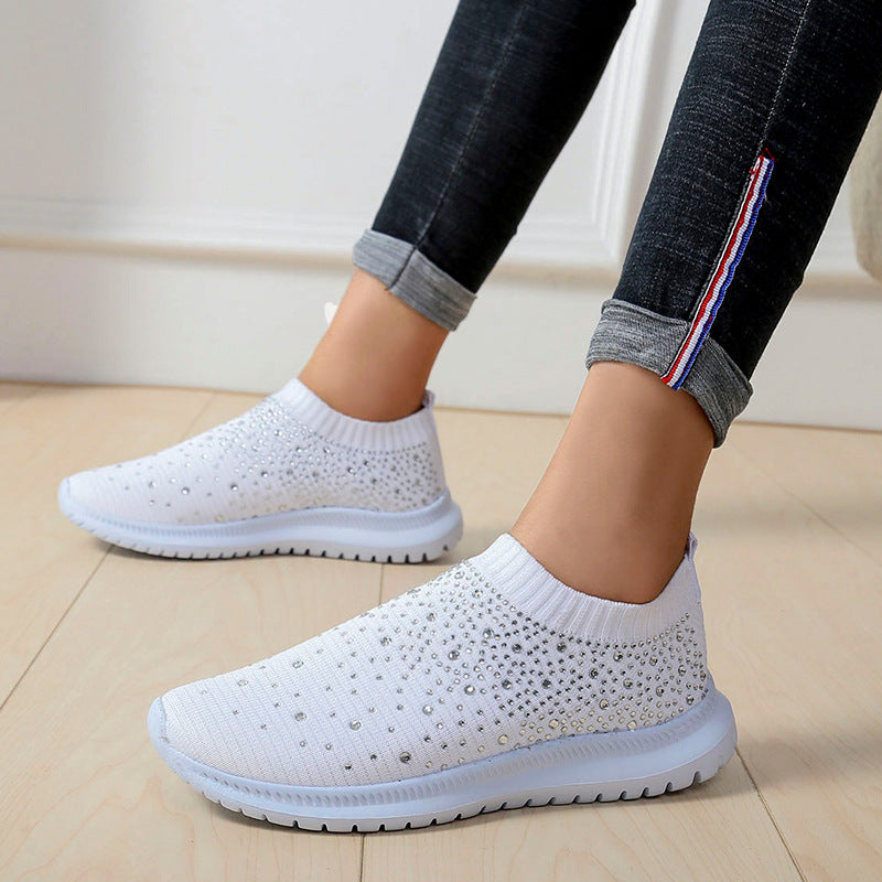 Women's Elastic Slip-On Knit Sneakers with Rhinestone Embellishments Mune Fashion