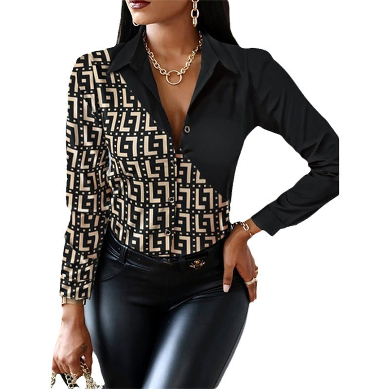 Women's fitted shirt blouse with geometric print and asymmetrical contrast trim Mune Fashion