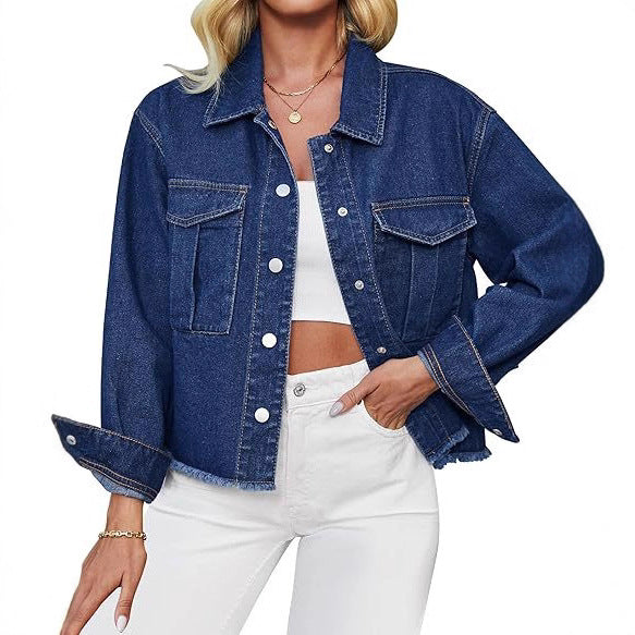 Women's cropped oversized denim jacket with raw hem and patch chest pockets Mune Fashion