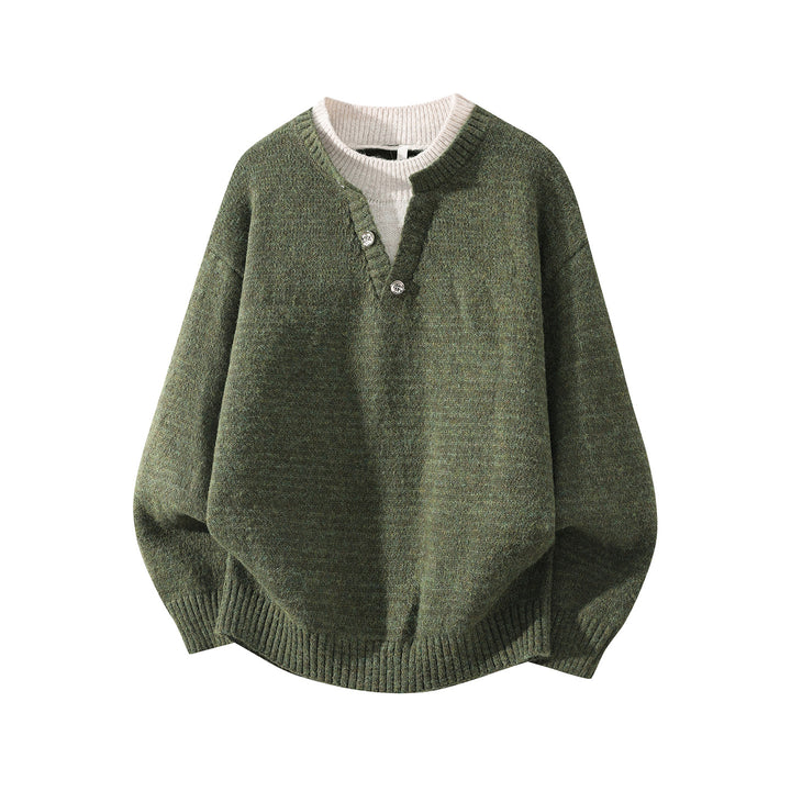 Women’s Oversized Knit Sweater with Henley Half Button Collar and Ribbed Hem Mune Fashion