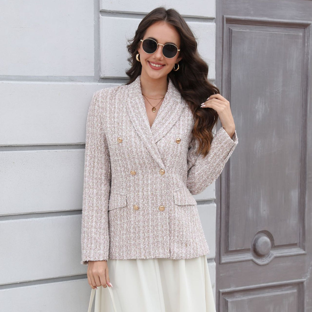 Women Double-Breasted Bouclé Blazer with Shawl Collar, Tailored Silhouette and Decorative Buttons Mune Fashion