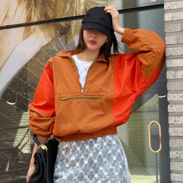 Women’s Short Cut Two-Tone Half Zip Utility Jacket with Elastic Hem and Zipper Pocket Mune Fashion