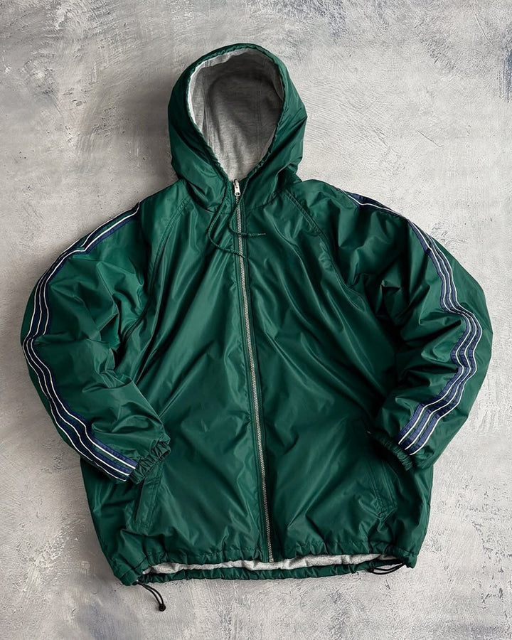 Unisex non-fitted windbreaker with hood padded fleece lining drawstring hem and decorative stripes on sleeves Mune Fashion