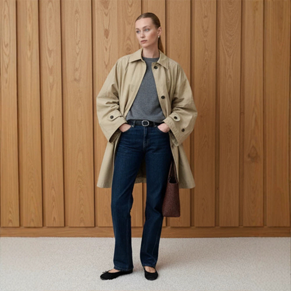 Women's Oversize Cotton Blend Trench Coat with Mid-Length, Straight Cut Mune Fashion