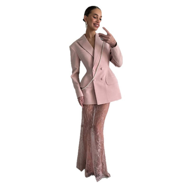 Women Tailored Double-Breasted Blazer with Emphasized Waist and Flap Pockets Mune Fashion