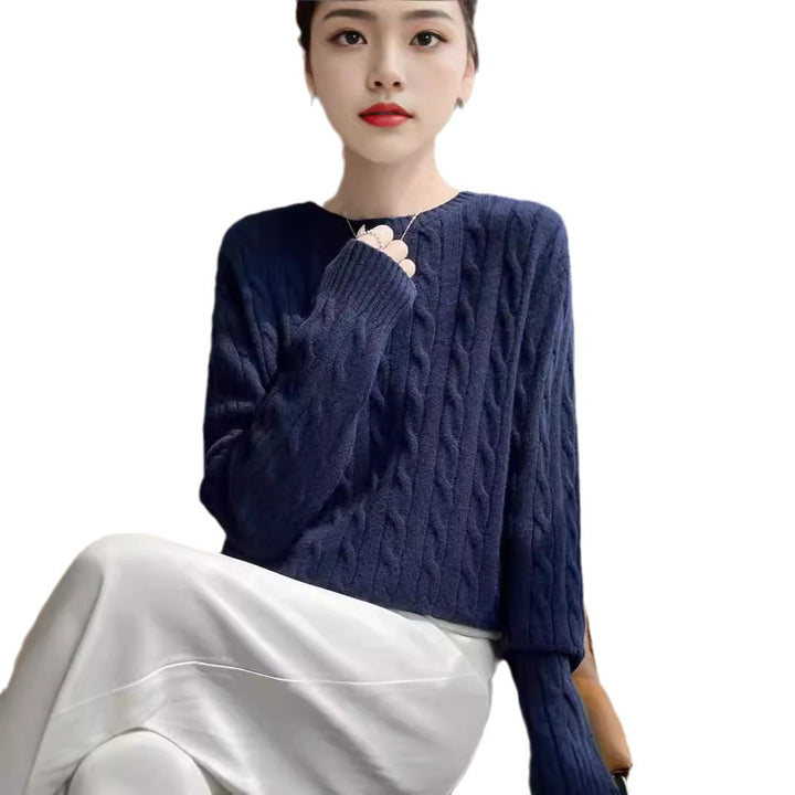 Women's cable knit round neck sweater made of soft wool blend with ribbed cuffs Mune Fashion