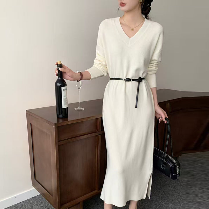 Women Long Fine Knit Midi Dress with V-Neck, Side Slit, and Relaxed Silhouette Mune Fashion