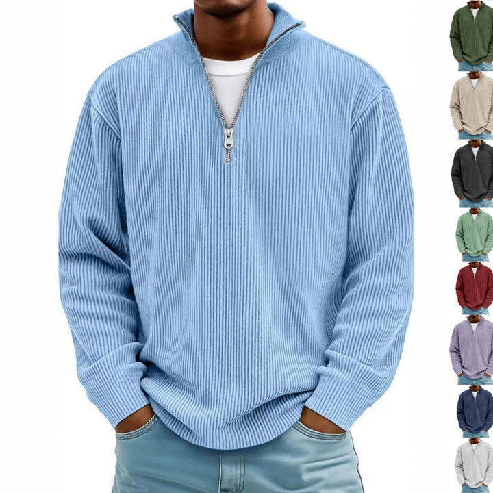 Men's Ribbed Half-Zip Knit Sweater with Stand Collar and Relaxed Fit Mune Fashion