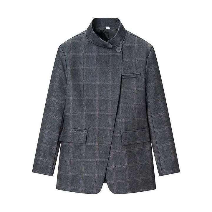 Women's tailored check blazer coat with stand-up collar, asymmetrical button placket and flap pockets Mune Fashion