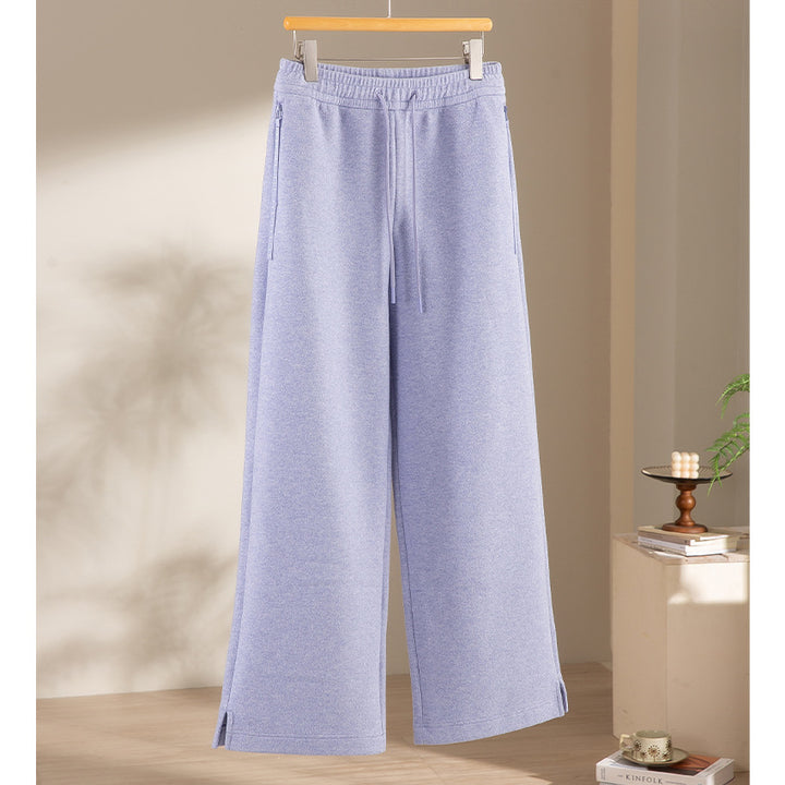 Ladies Wide Highwaist Sweatpants with Drawstring, Side Pockets and Hem Slit Mune Fashion