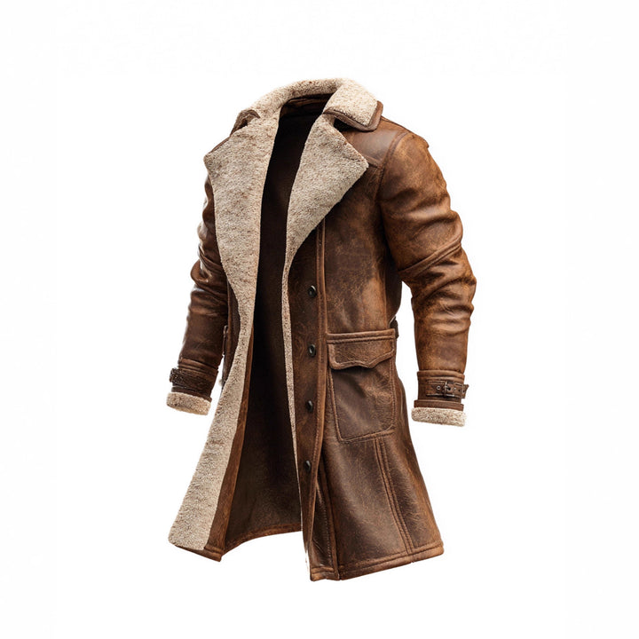 Men's longer vintage biker leather coat with full Sherpa lining, flap pockets, and adjustable buckle cuffs Mune Fashion
