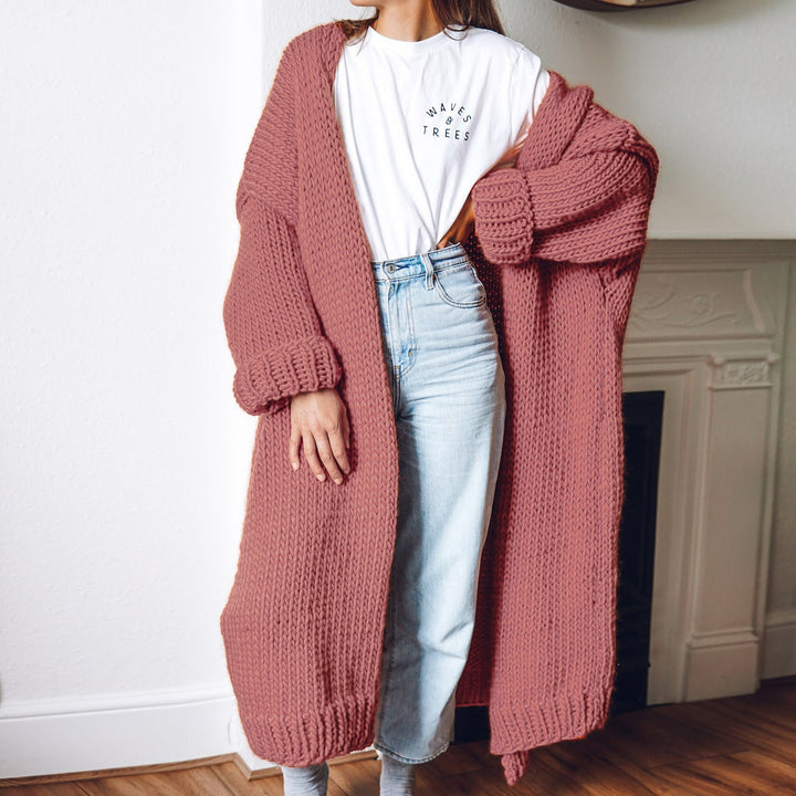 Women Oversize Maxi Chunky Knit Cardigan with Open Front and Voluminous Sleeves Mune Fashion