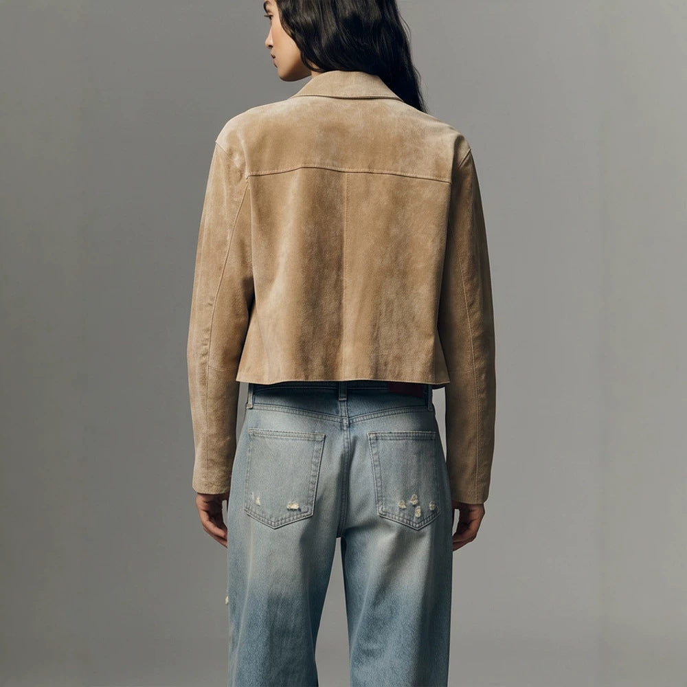 Women Short Suede Jacket in Clean-Cut with Patch Pockets Mune Fashion