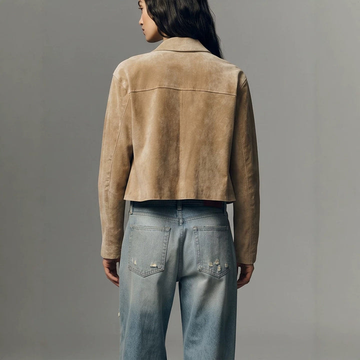 Women Short Suede Jacket in Clean-Cut with Patch Pockets Mune Fashion