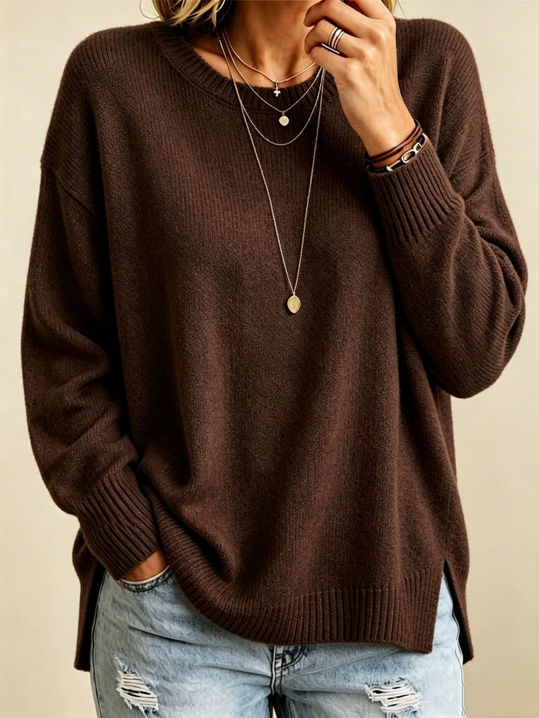 Women Loose Fit Round Neck Fine Knit Sweater with Side Slits and Ribbed Cuffs Mune Fashion