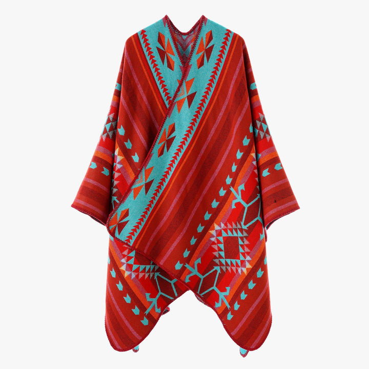 Women Oversize Jacquard Wrap Poncho with Geometric Aztec Pattern Mune Fashion