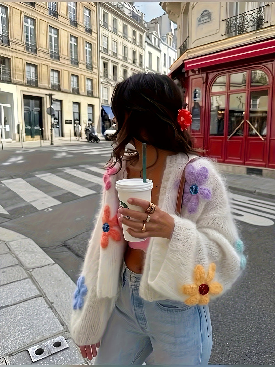 Women's Oversize Knit Cardigan with 3D Flower Appliqués Mune Fashion