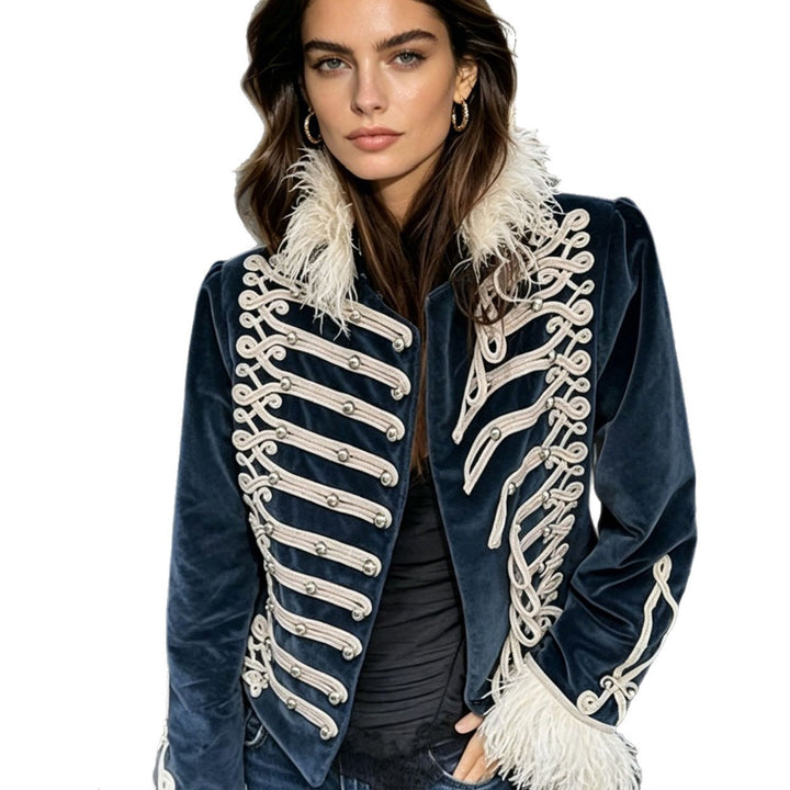Women's Velvet Military Jacket with Decorative Straps and Feather Trim Mune Fashion