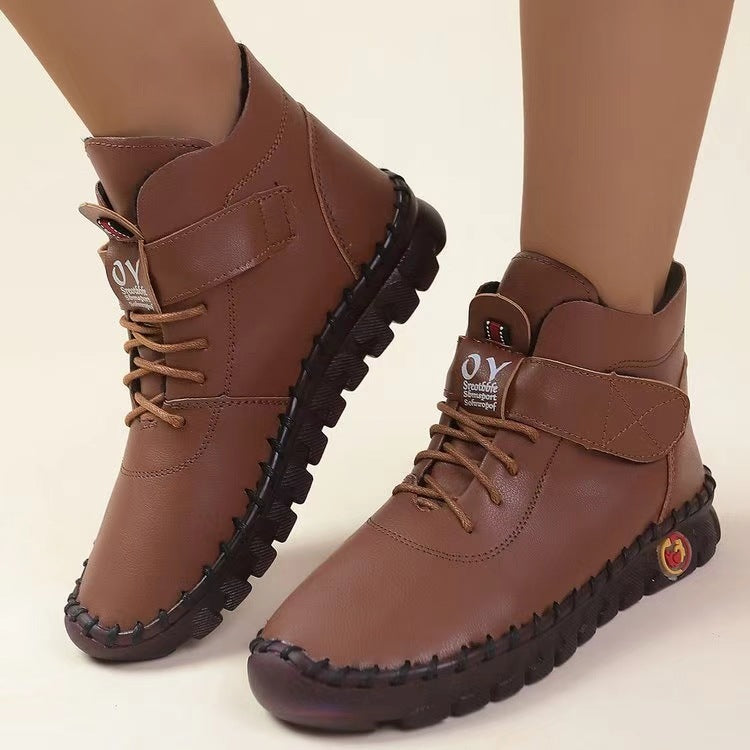 Women's ankle-high casual boots with Velcro, elastic lacing, and distinct tread sole Mune Fashion