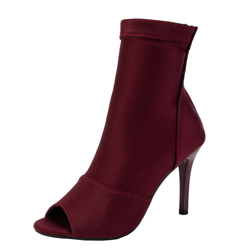 Women's Open Toe Ankle Boots with Stretch Shaft and Slim Stiletto Heel Mune Fashion