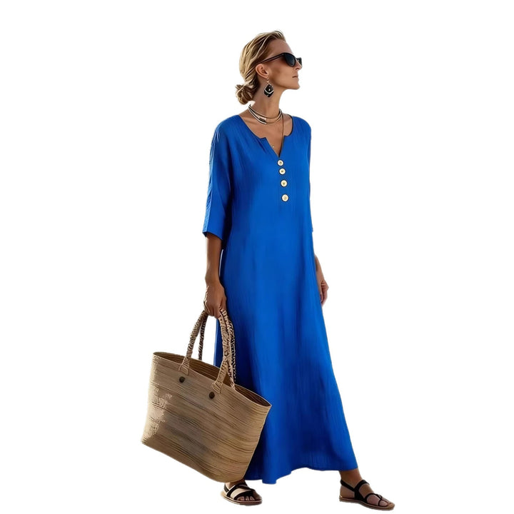 Women's Relaxed V-Neck Button-Front Maxi Caftan Dress Mune Fashion