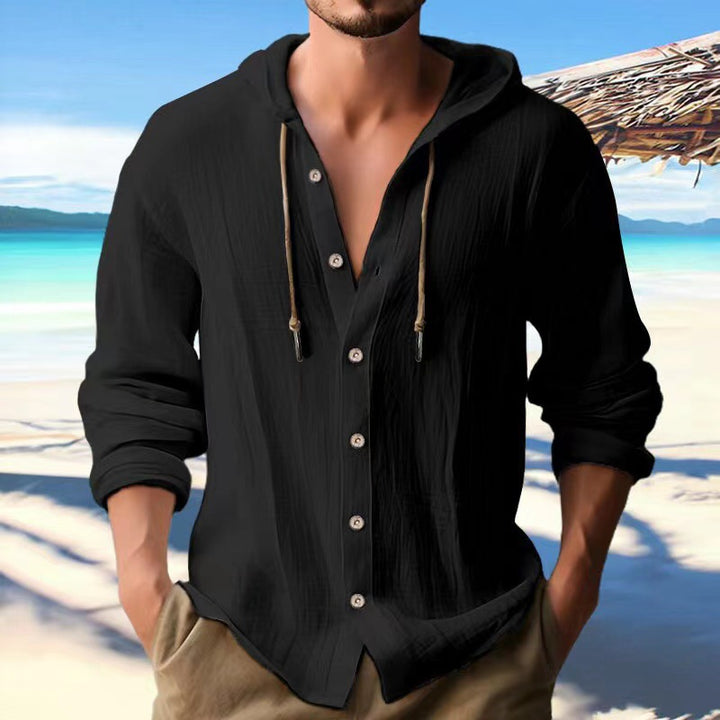 Men's casual linen shirt with hood, button placket, and roll-up sleeves Mune Fashion