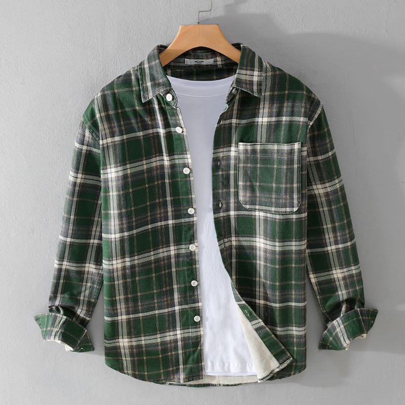 Men's Checked Flannel Overshirt in Vintage Look with Patch Chest Pocket and Curved Hem Mune Fashion