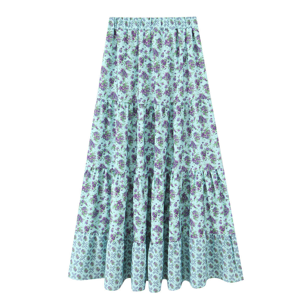 Women's Long Tiered Skirt with Floral Allover Print, Elastic Waistband and Ruffled Panels Mune Fashion