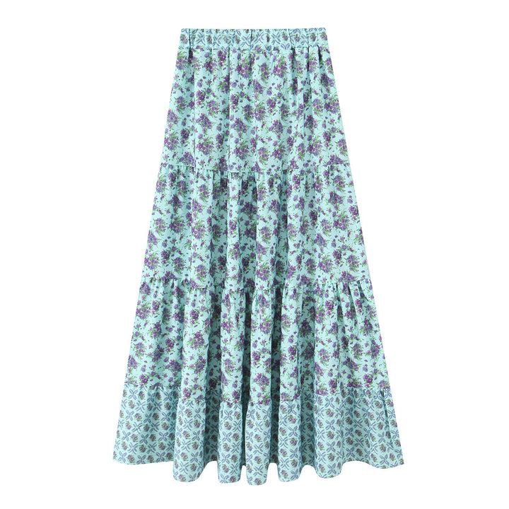 Women's Long Tiered Skirt with Floral Allover Print, Elastic Waistband and Ruffled Panels Mune Fashion