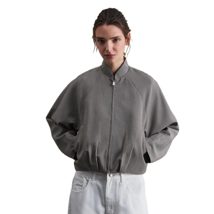Women's short bomber jacket with raglan sleeves, stand-up collar, and fine houndstooth pattern Mune Fashion