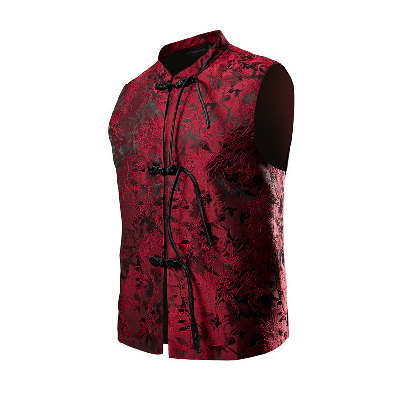 Men's sleeveless Chinese-inspired vest with stand-up collar, jacquard pattern, and knot closures Mune Fashion