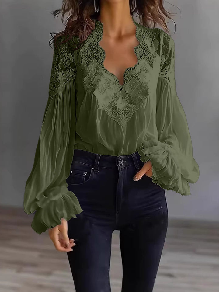 Women's Chiffon Blouse with Lace V-Neck and Wide Pleated Sleeves Mune Fashion