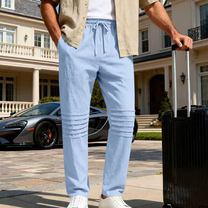 Men's Linen Look Lounge Pants with Drawstring Elastic Waistband and Quilted Knee Panels Mune Fashion