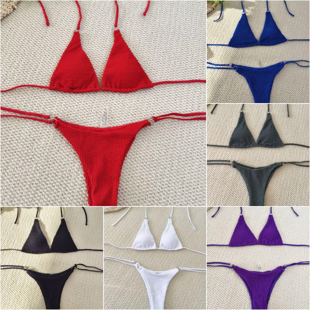 Women's triangle bikini with textured fabric and elegant ring embellishments Mune Fashion
