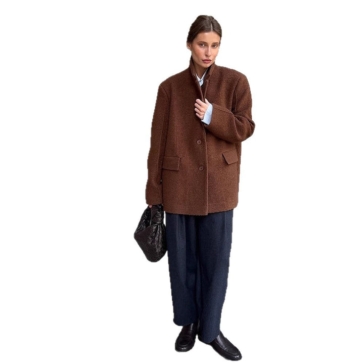 Women Boxy Wool Blend Short Coat with Textured Surface, Notched Collar & Flap Pockets Mune Fashion