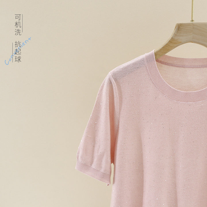Women Short Sleeved Fine Knit Top with Subtle Glitter Yarn and Round Neckline Mune Fashion