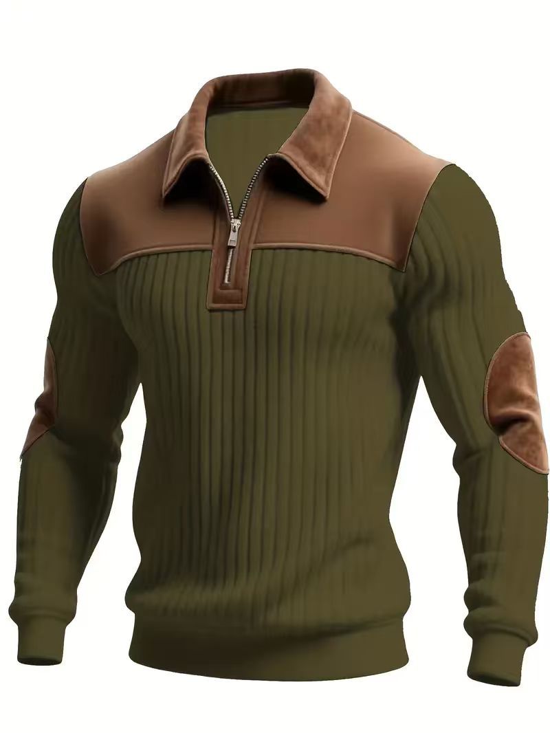 Men's ribbed half-zip pullover with contrasting leather appliqués on shoulders and elbows Mune Fashion