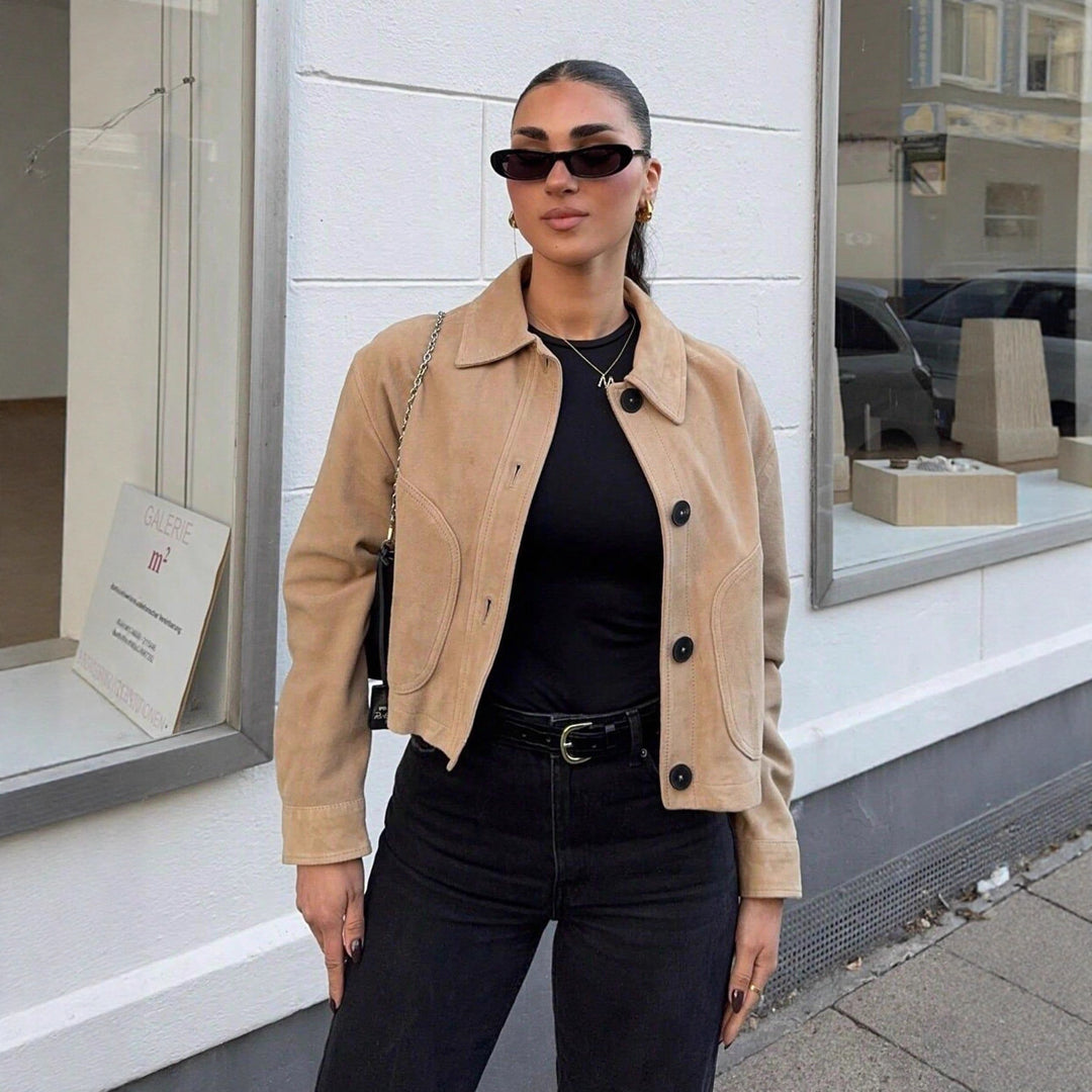Women Cropped Boxy Transitional Jacket in Velvet Look with Shirt Collar and Patch Pockets Mune Fashion