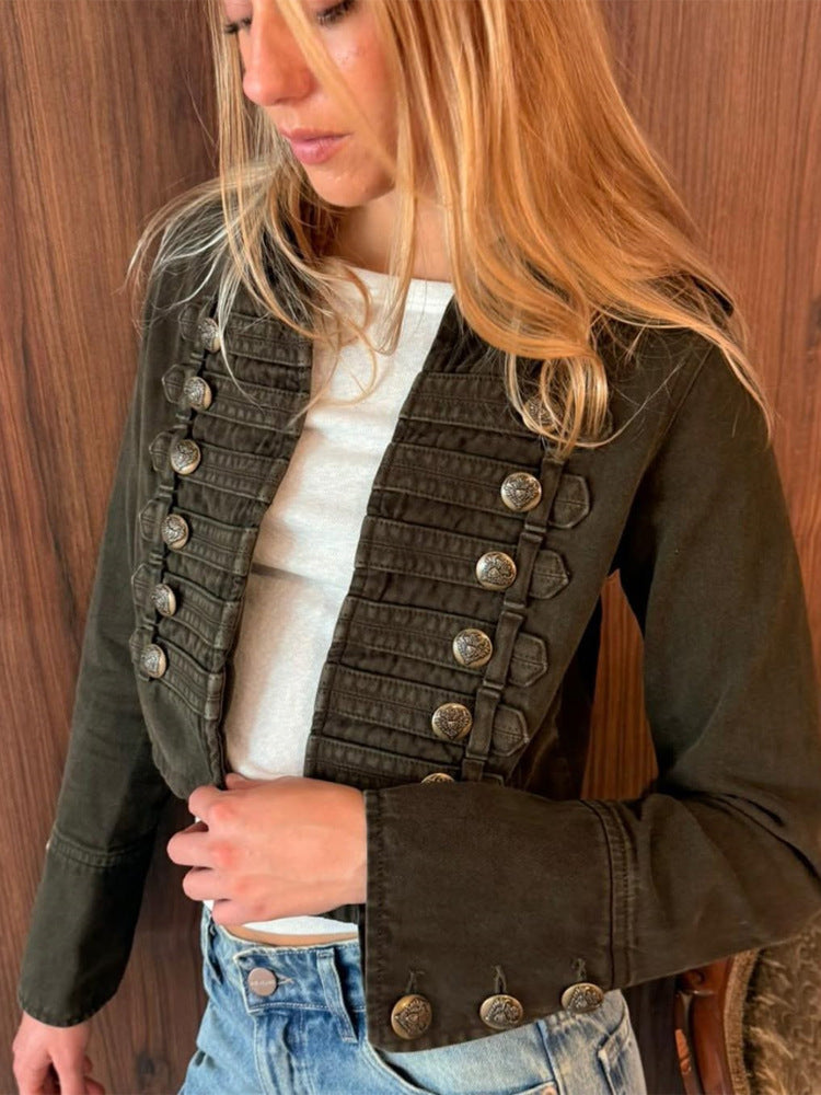 Ladies military-inspired tailored short jacket with decorative pleats and metal buttons Mune Fashion