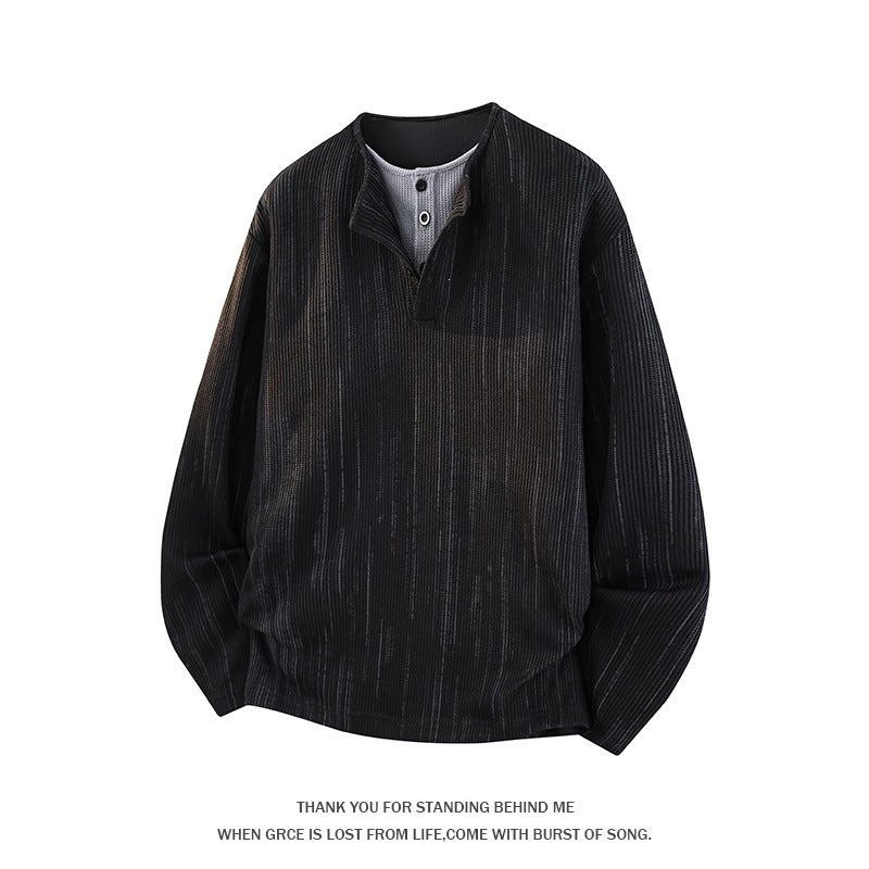 Men's Oversize Knit Sweater with Henley Neck and Fine Structure Stripe Mune Fashion