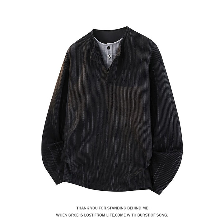 Men's Oversize Knit Sweater with Henley Neck and Fine Structure Stripe Mune Fashion