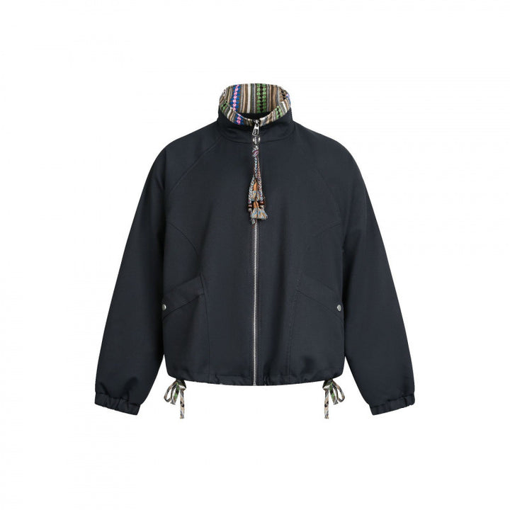 Women Short Tail Bomber Jacket with Stand-Up Collar and Patterned Lining Mune Fashion