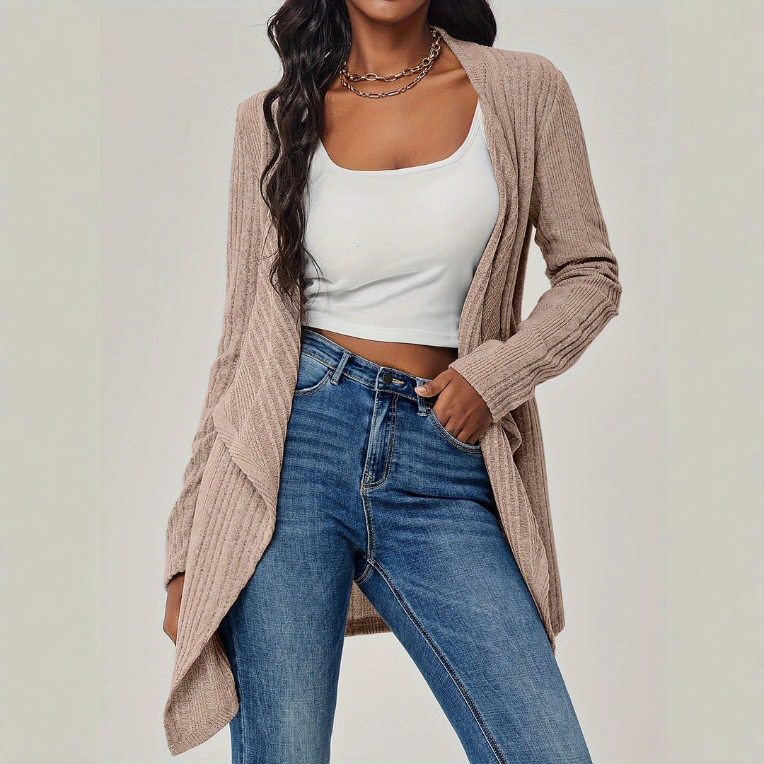 Ladies Open Ribbed Knit Cardigan with Waterfall Collar Mune Fashion