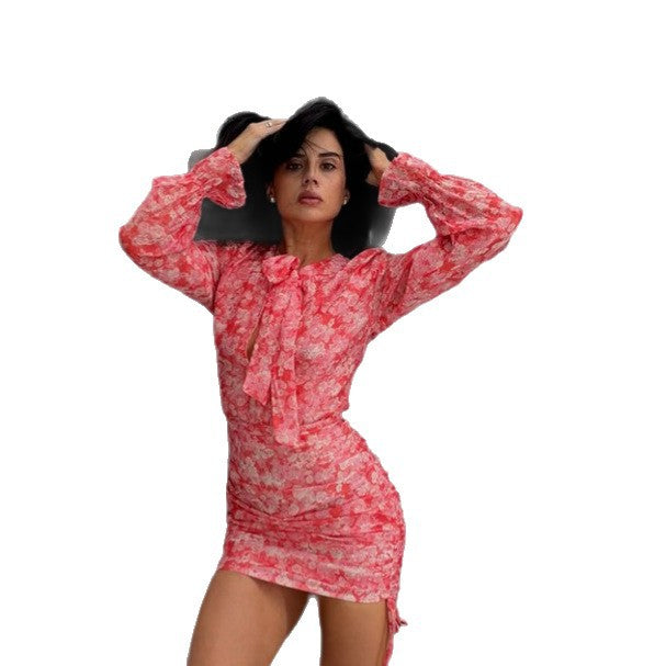 Women Floral Chiffon Mini Dress with Bow Collar, Transparent Volume Sleeves and Side Gathering Mune Fashion
