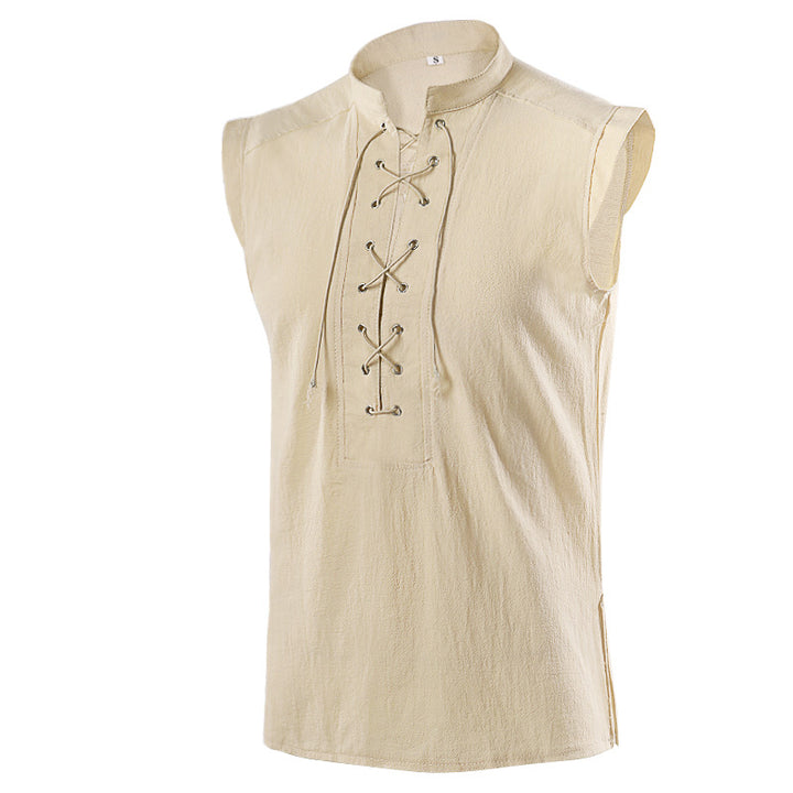 Men's sleeveless vintage linen shirt with chest lacing and stand-up collar Mune Fashion