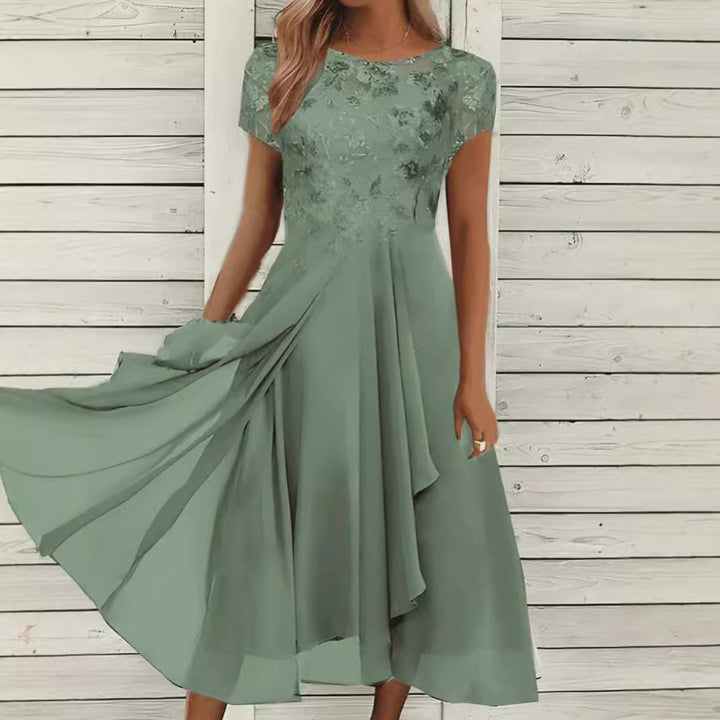 Women's elegant chiffon midi dress with floral lace appliqué and flowing A-line skirt Mune Fashion