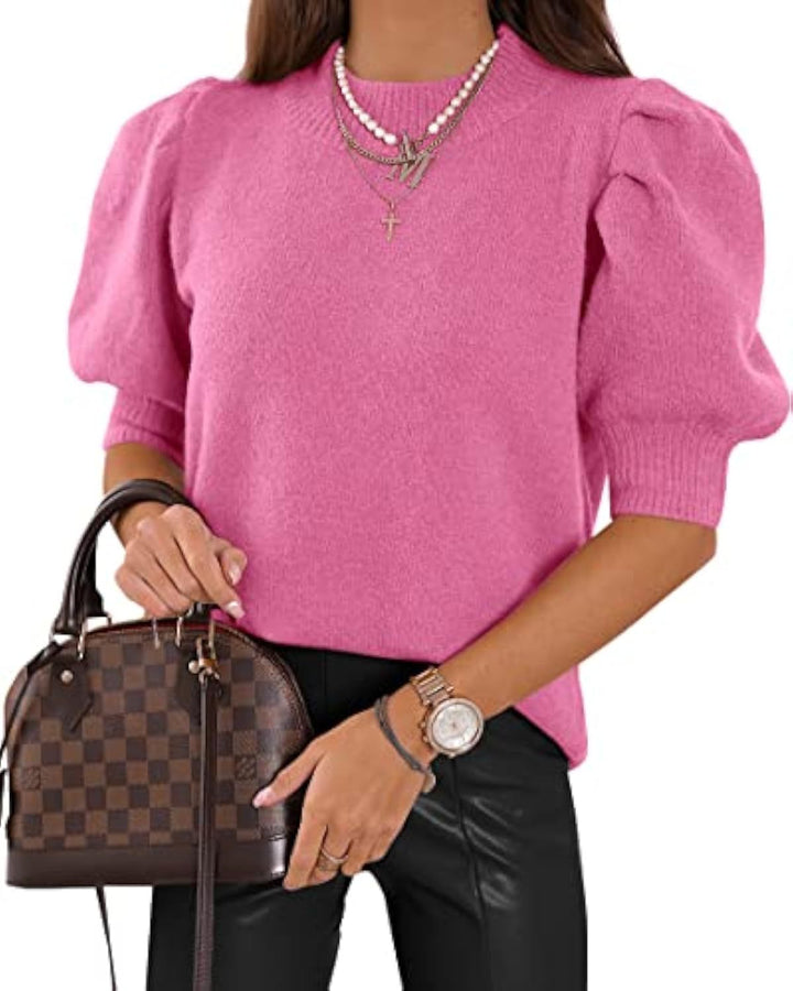 Women's short-cut fine knit sweater with puff sleeves and ribbed cuffs Drune